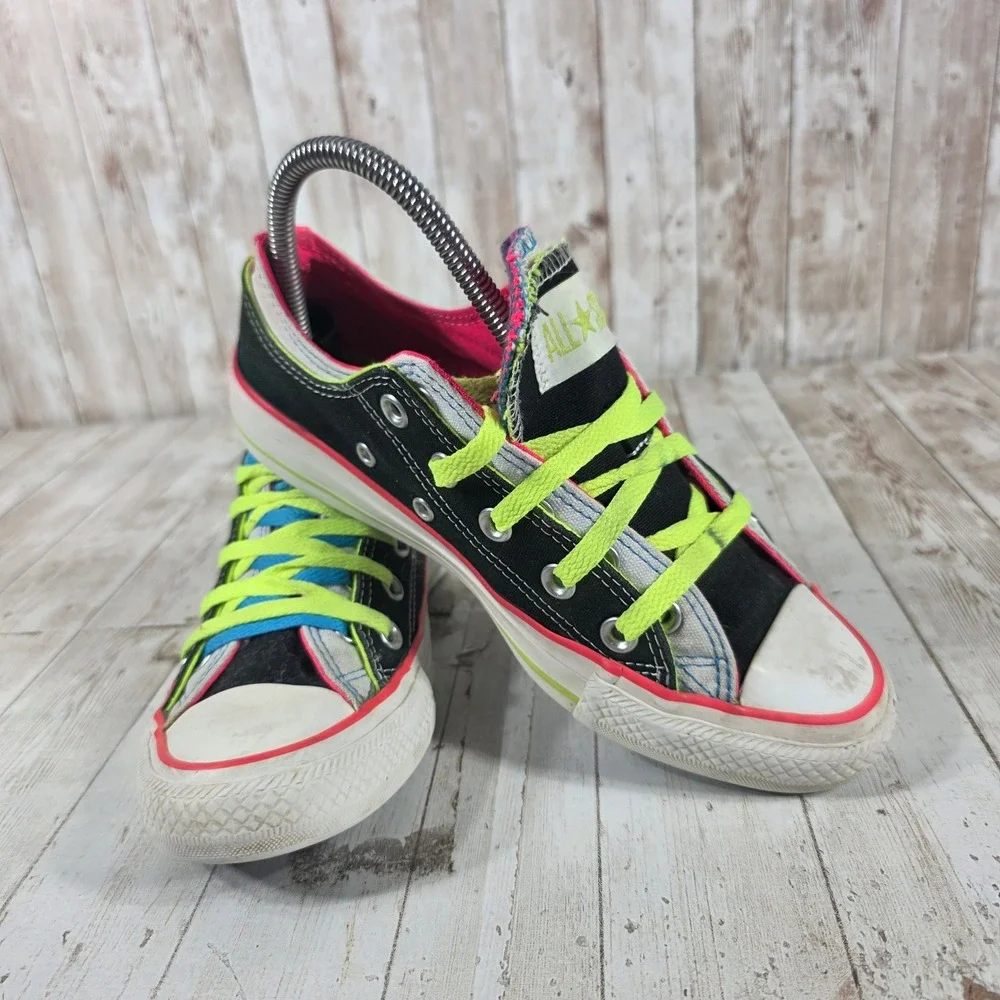 Converse Chuck Taylor All Star Double Tongue Neon Black Pink Green Womens 6 - Picture 6 of 8